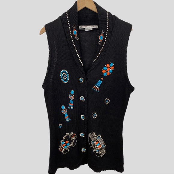 Vintage Sweaters - Vintage Victoria Jones Black Knit Southwest Beaded Long Sleeveless Cardigan